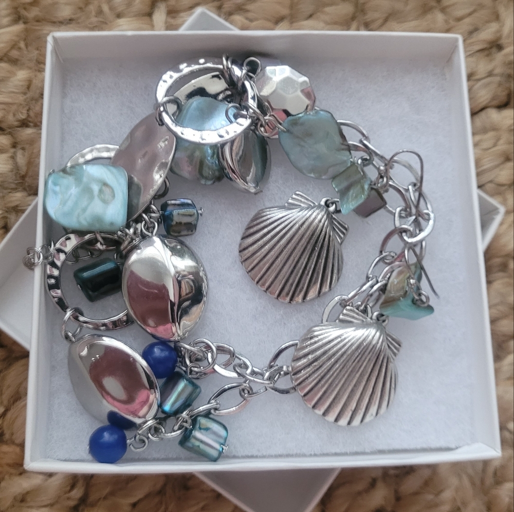 Chico's Cool Coastal Seashell Necklace & Earrings Set, Silver Toned & Turquoise